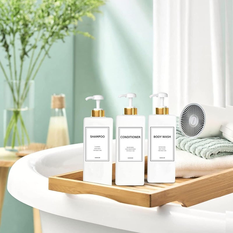 DIDROOM Modern Gold Shampoo and Conditioner Dispenser (21 oz,Pack of 3) Refillable Pump Bottle Set Empty Shower Plastic Bottles with for Bathroom Body Wash Soap Shower,3 Types Labels,Gold&white - Image 3